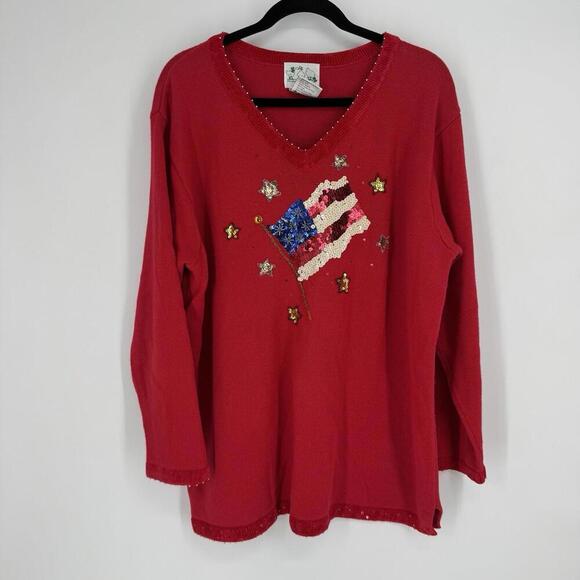 Quacker Factory sweater womens 1x red sequin  usa 4th of july americana summer - Picture 1 of 6